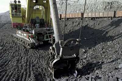 Kazakhstan coal industry - Ekibastuz open pit coal mine hydraulic excavator photo