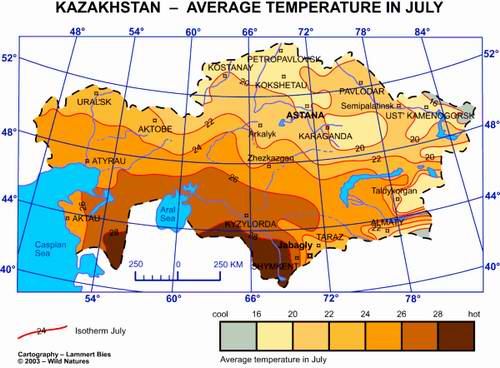 Kazakhstan temperature map July picture